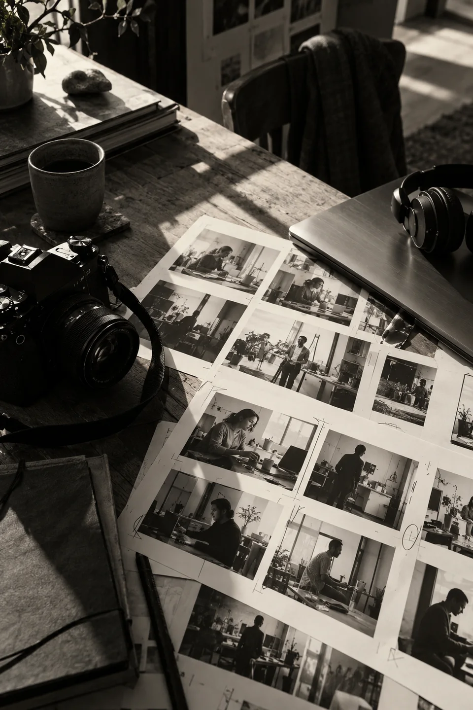 A creator's worktable with a camera, storyboard photographs, and a laptop